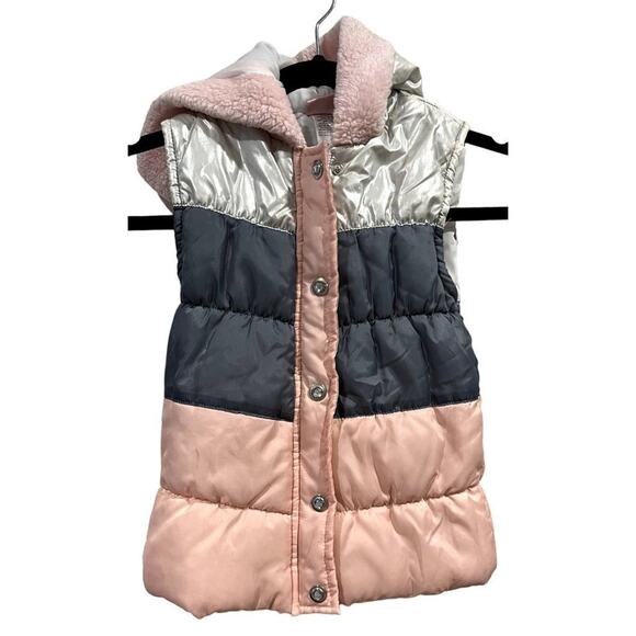 Little Lass Puffer Vest Jacket Girls 6 Peach Black Polyester Hooded Zip & Snap - Picture 1 of 8